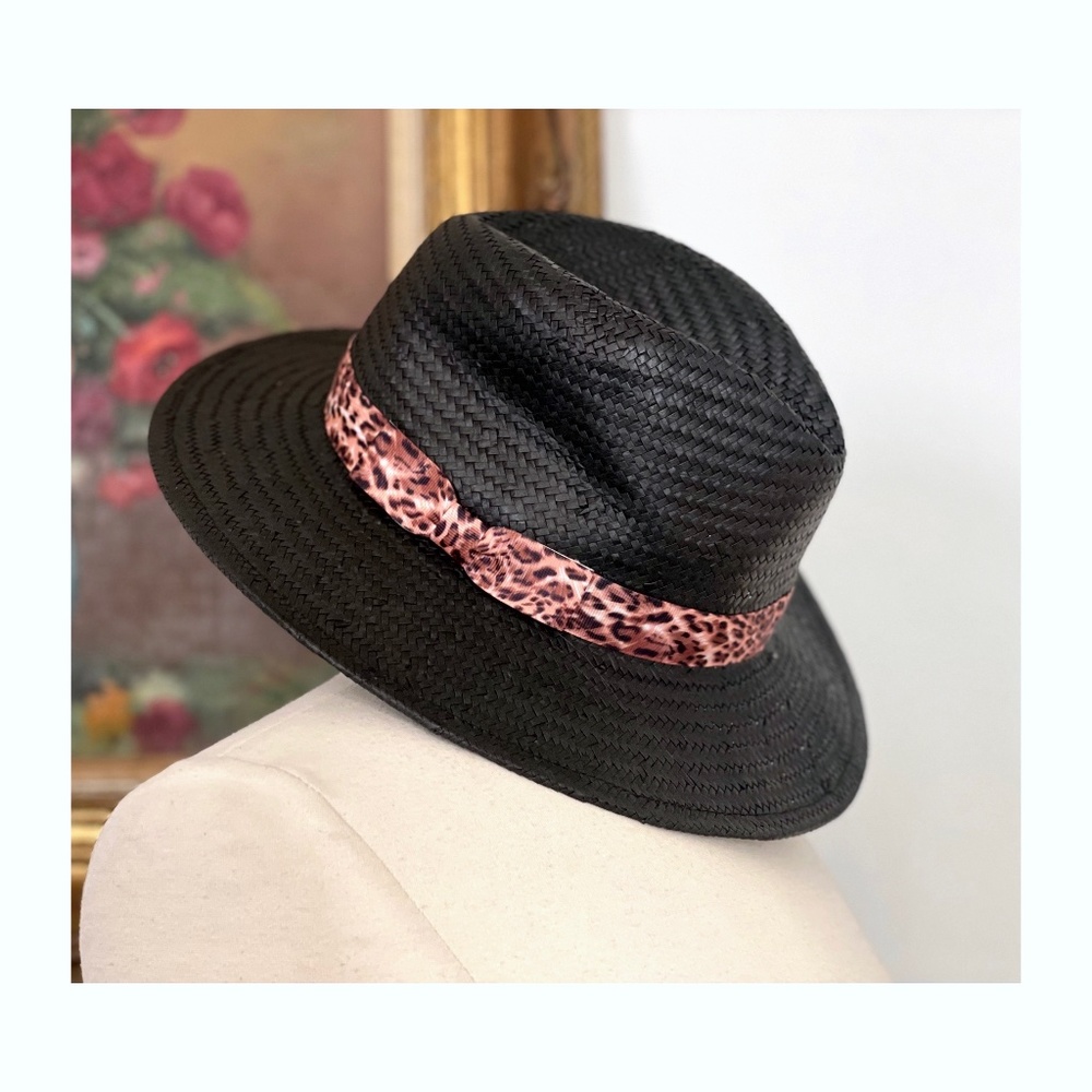 NEW Black Animal Print Womens Panama Hat OS Adjustable Fit NWT